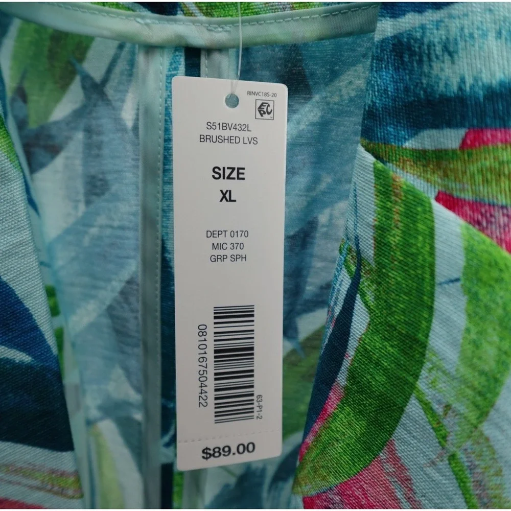 Investments Tropical Leaf Print Open Front Blazer XL Teal‎ Green Pink